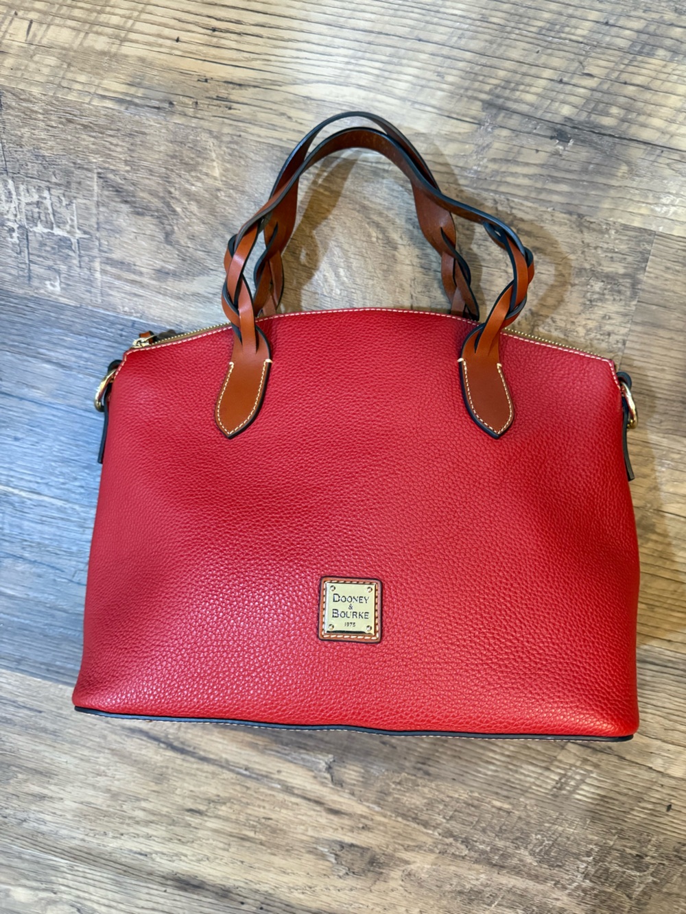 Dooney & Bourke Red Pebble Leather Satchel with Tan leather Braided Handles - Picture 2 of 15